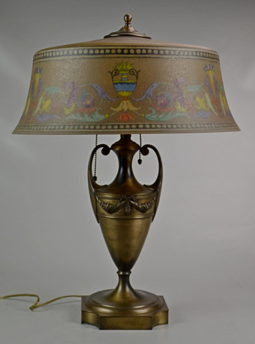 Pairpoint Reverse Painted Table Lamp: Pairpoint Reverse Painted Table Lamp, Bombay pattern shade with urns and birds, urn form base, 17" d, 22" h, DA930