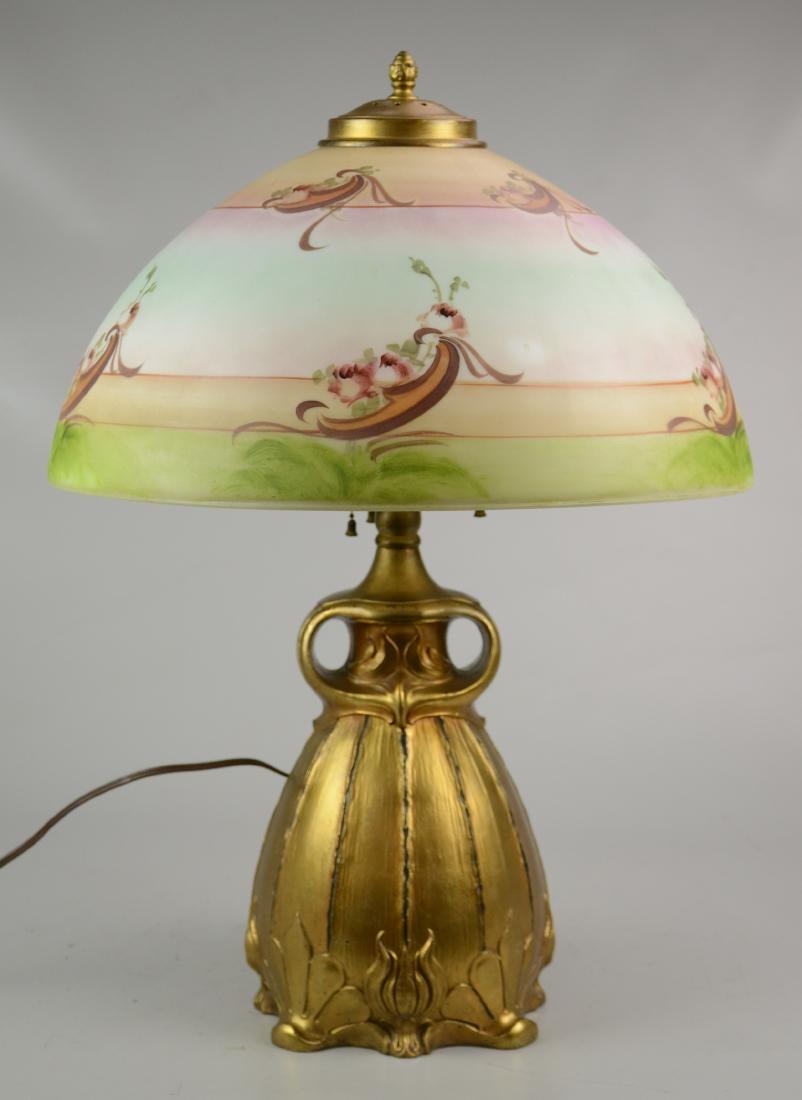 Pittsburgh Painted Table Lamp: Pittsburgh Table Lamp, painted glass shade with floral swags, gilt metal base, 15-7/8" d, 22" h, DA935