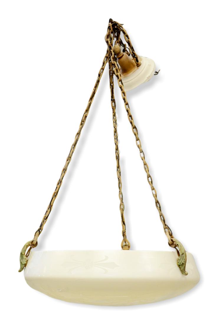 Acid cut calcite inverted hanging dome: Acid cut calcite inverted hanging dome, floral center surrounded by drapery, 20" d, 6" d, on 3 chain suspension, early 20th c, probably Steuben