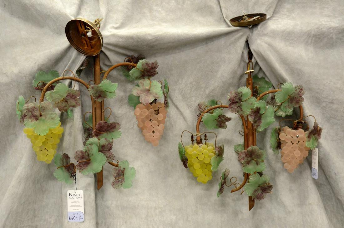 Pr Murano grape cluster hanging light fixtures: Pr Murano colored satin glass grape cluster hanging 2 arm light fixtures, pale amethyst and green colors, 20" h, 20" d, good condition, 3 flowers with a broken petal, currently working