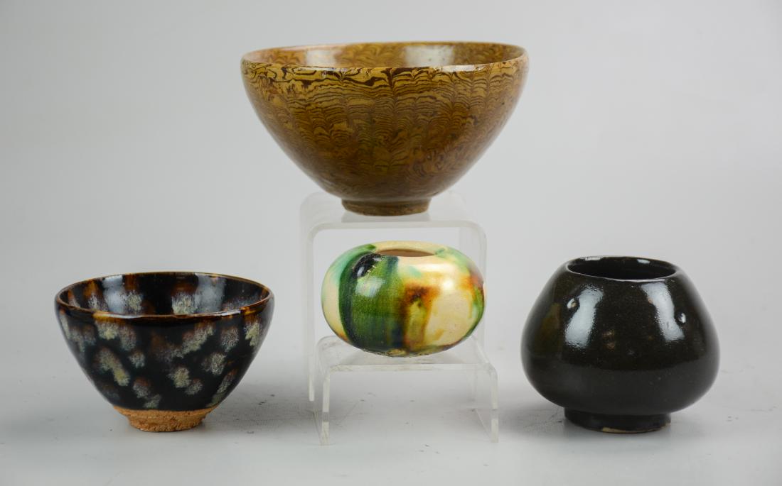 (4) Chinese pottery pieces: (4) Chinese pottery pieces to include a bowl with oil spot glaze, largest 4-7/8" dia x 2-5/8" h, allover crazing and flaws on base of green bowl, crazing to inner bottom of largest bowl