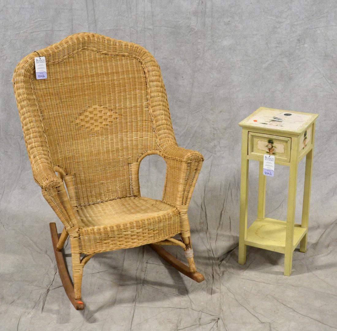 Wicker rocking chair, paint decorated one drawer plant: Wicker rocking chair, paint decorated one drawer plant stand, chair 45-1/4"h
