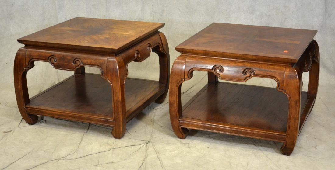 Pair Thomasville Asian style walnut side tables: Pair Thomasville Asian style walnut side tables, 22"h x 28"square