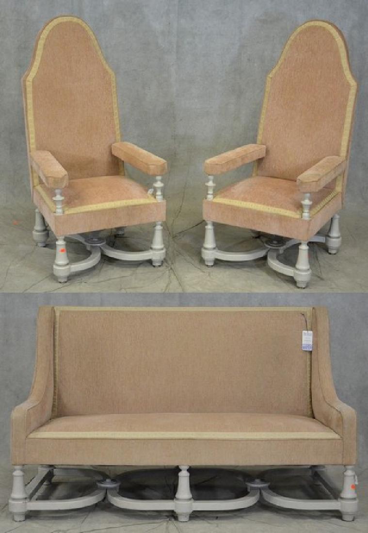 Pair upholstered high back chairs w/ sofa: Pair upholstered high back chairs w/ sofa, with white painted scalloped stretcher bases, 52"h, sofa 68"w x 30"h