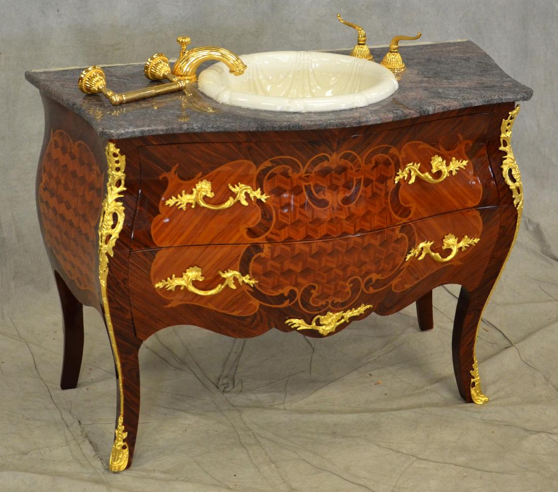 Louis XV style marble top bathroom vanity: Louis XV style marble top bathroom vanity, decorative swag porcelain sink insert, gold faucet and handles, gold painted decorative hardware and mounts, drawers open but are cut for plumbing, 40-1/2" h