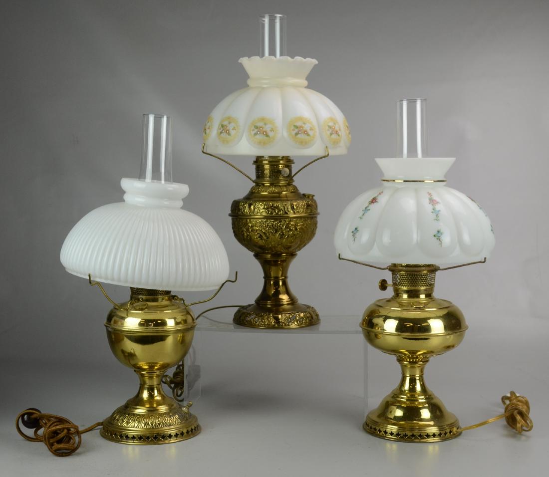(3) Brass Oil Lamps: (3) Brass Oil Lamps with Shades Including Bradley and Hubbard (Tallest Measuring 21-1/2" h), (All Have Been Electrified)