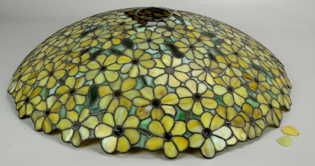 Seuss Leaded Glass Lamp Shade, 28” d: Seuss Leaded glass lamp shade, daisy pattern, 28" dia x 6" h, some damage and glass needs repair