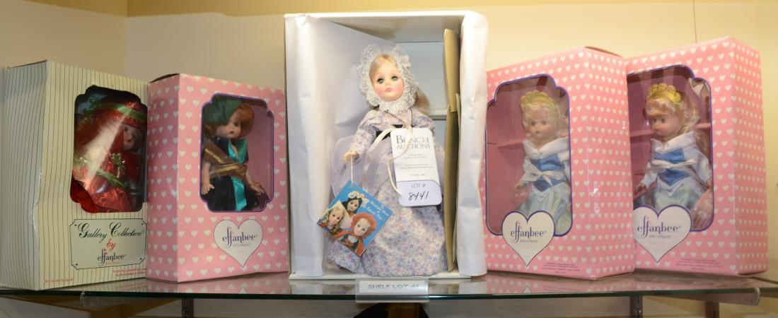 Shelf #41 - (5) Effanbee Dolls: Shelf #41 - (5) Effanbee dolls, all in original boxes, c/o Mother Goose, Christmas Fairy, Peter Pan, (2) Walt Disney Sleeping Beauty