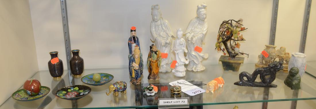 Shelf #72 - Asian Lot: Shelf #72 - (9) Cloisonne pcs c/o (3) 3.5" dia plates (fair-poor condition), (2) 3" h vases, egg, pill box, elephant and frog figures, (3) Chinese mudware/mud men figures, tallest 5-1/2" h, (3) Blanc 