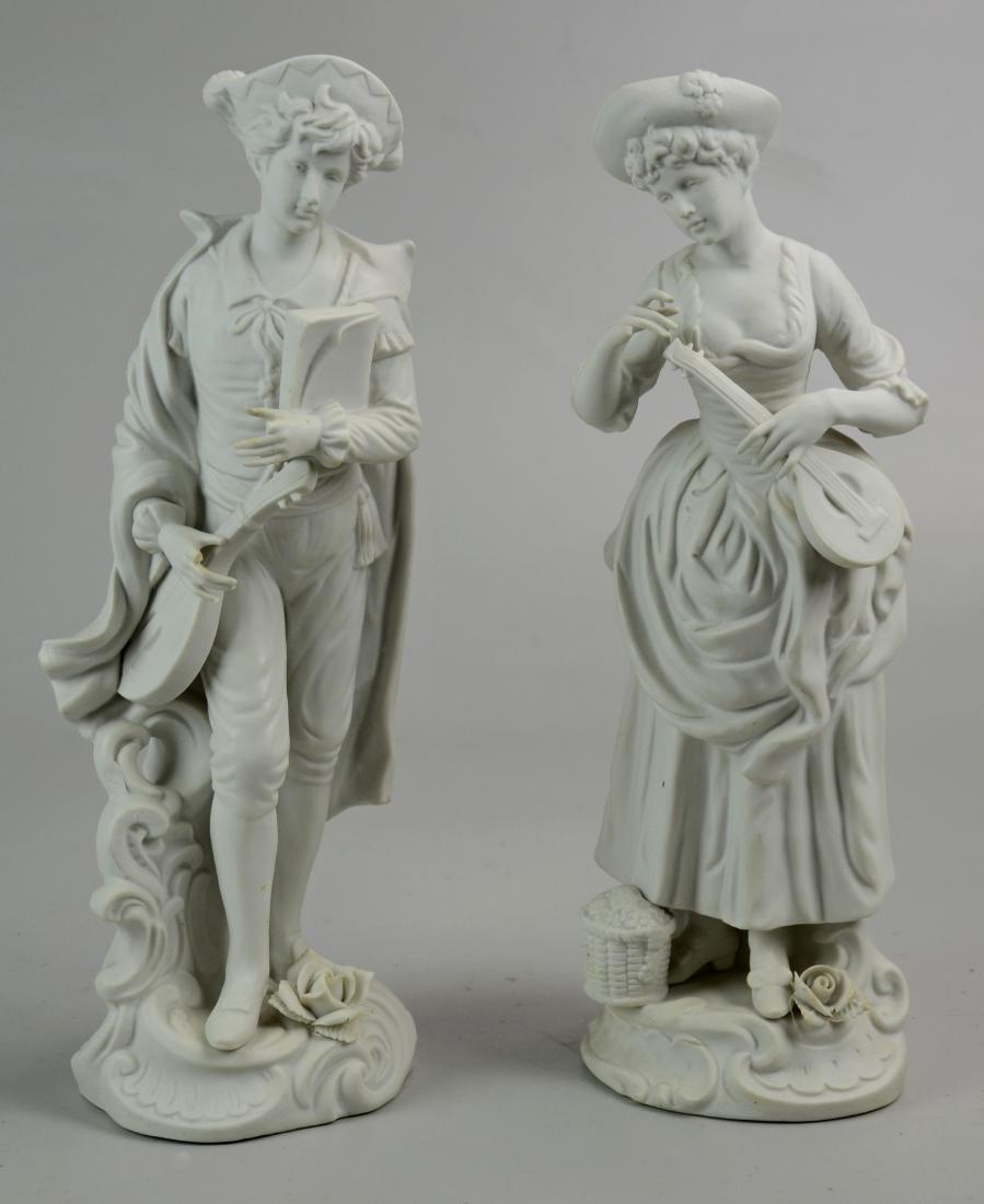 (2) Parian Figures of Man and Woman Holding Instruments: (2) Parian Figures of Man and Woman Holding Instruments Signed J. Keith (14" h), (Boy Missing Three Fingers, Girl Missing One Finger)
