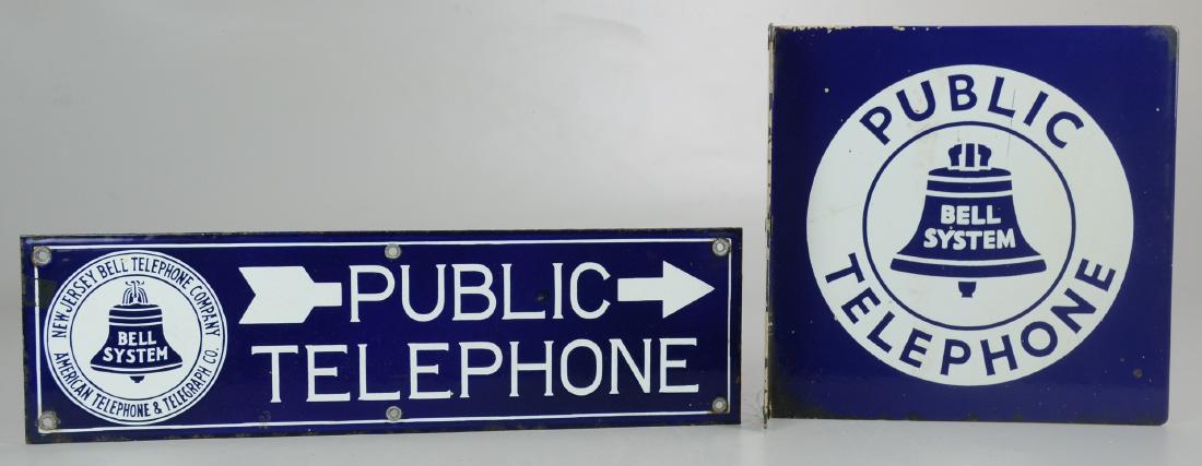 (2) Porcelain Bell System Telephone Signs: (2) Porcelain Double Sided Bell System Public Telephone Signs (11" l x 1-3/4" w x 11" h), (Some White Paint Spots), (19" l x 5-1/2" w), (Some Rust on Edges)