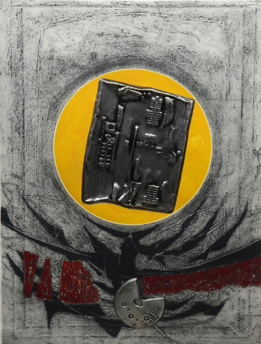 J. B. Thompson Mixed Media Abstract Print: J. B. Thompson, 20th C American, mixed media abstract print, "Commandments I", lithograph on paper with pressed aluminum, pencil signed "J. B. Thompson '72", artist proof A/P V/X, 29-3/4" x 22-3/4" pl