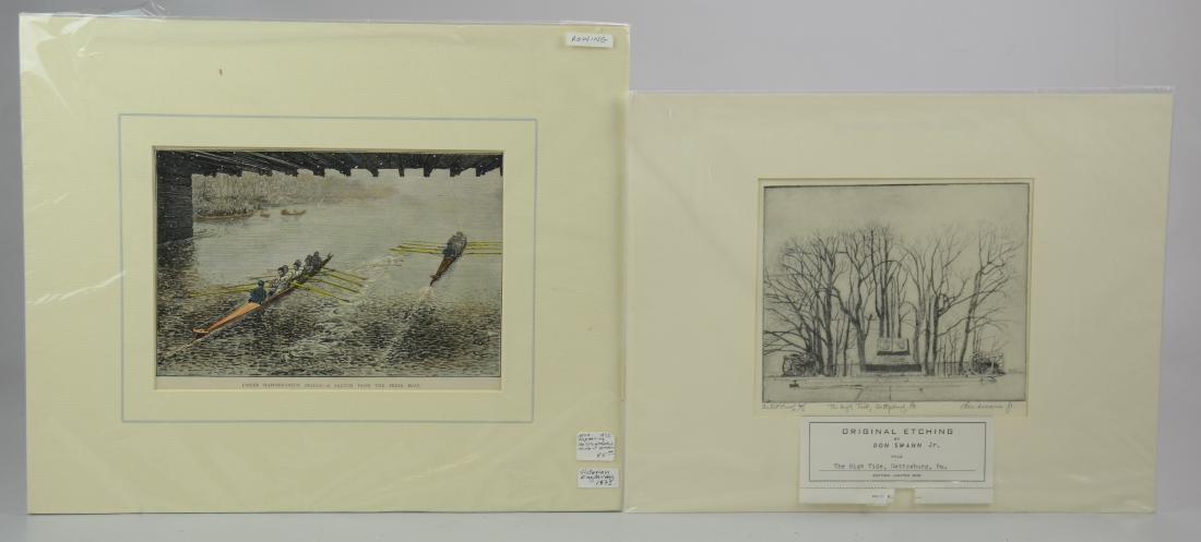 (2) Prints on Paper, c/o Don Swann Jr etching and: (2) Prints on Paper, c/o Don Swann Jr (American, 1889-1954) etching "The High Tide, Gettysburg, Pa", artist proof 2/6, pencil signed, along with an unsigned hand-colored wood engraving of two rowing t