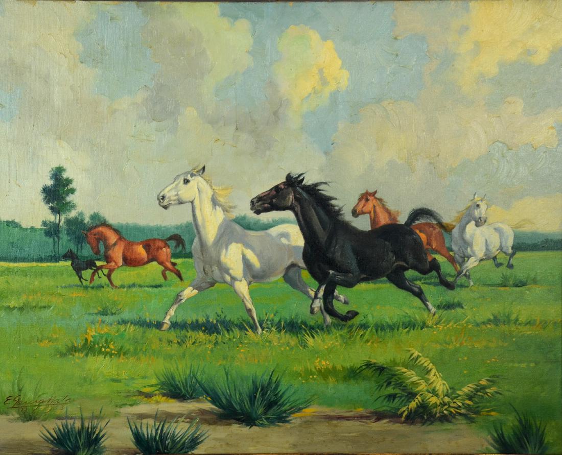 Evelio Garcia Mata Painting, "Galloping Horses": Evelio Garcia Mata (Cuban, 1910-1985) painting, "Galloping Horses", oil on canvas, signed "E. Garcia Mata N.Y. 1963", 24" x 30", framed 30" x 36", good condition, needs light cleaning