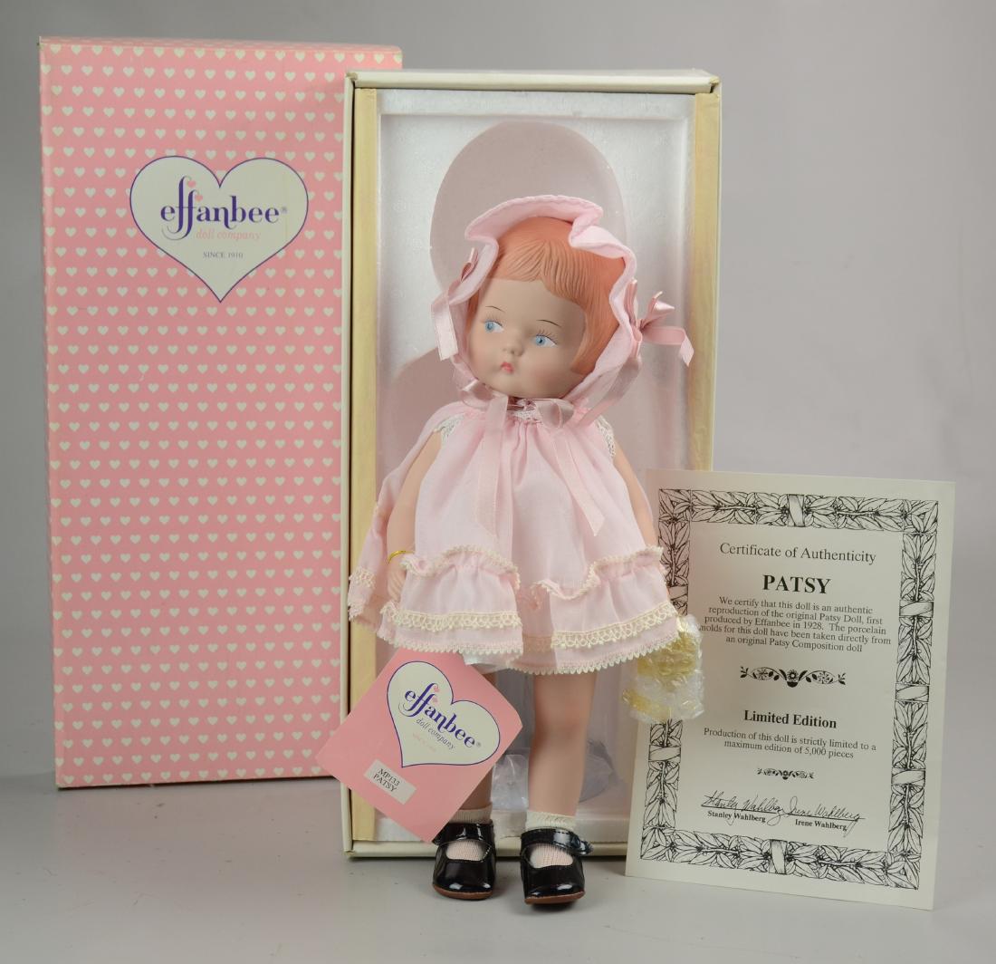 Effanbee Porcelain Patsy Doll: Effanbee limited edition porcelain reproduction Patsy doll, pink dress, 1412/5000, new in original box with COA, 14" h