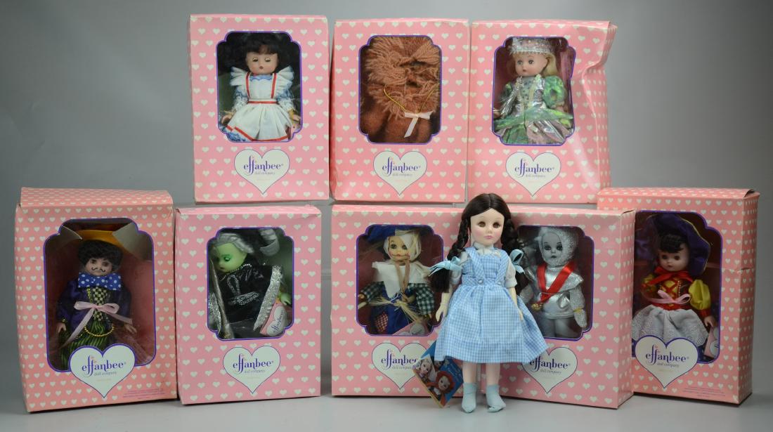 (9) Effanbee Wizard of Oz Dolls: (9) Effanbee Wizard of Oz dolls, in original boxes unless otherwise noted, c/o (2) Dorothy (one without box and missing shoes), Tin Man, Cowardly Lion, Scarecrow, Boy Munchkin, Girl Munchkin, Glinda,