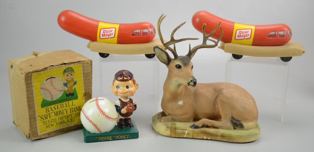 4 Vintage Coin Banks: (4) Vintage coin banks to include bobblehead baseball in original box, 10 pt. buck deer and (2) Oscar Mayer Weiner mobiles.