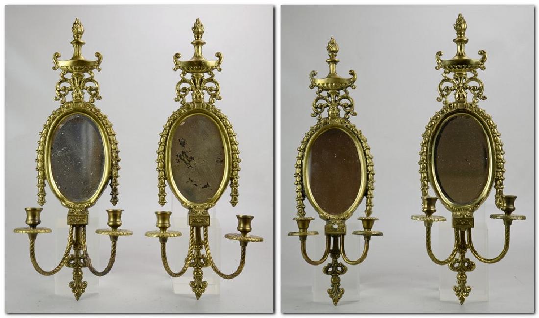 (4) Brass Candelabra Mirror Sconces: (4) Brass Candelabra Mirror Sconces (24" h x 9" w), (Some Silver Loss on Mirrors)