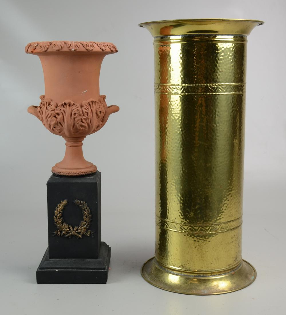 Umbrella Holder and Urn: Brass Lombard Umbrella Holder, (8-1/2" dia x 17-3/4" h), Austin Terracotta and Plaster Urn on Pedestal (5" l x 5" w x 16-1/2" h), (Some Paint Loss)