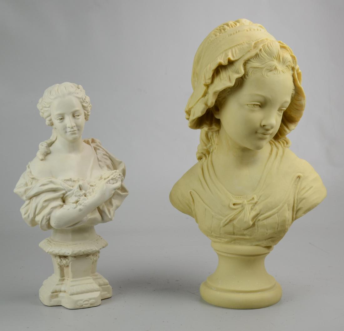 (2) Sculptures: (2) Sculptures Including Composition Bust of Girl in Bonnet Signed Grinam Niam Paris, (11"l x 5-1/2" w x 17-1/2" h), Plaster Bust of Woman Holding Flowers (7-1/2" l x 5" w x 14-1/4" h), (Some Paint Lo