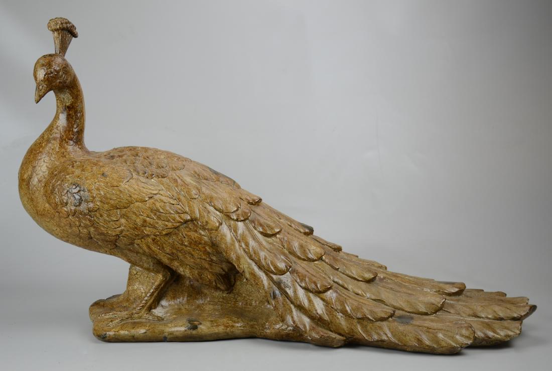 Fiberglass Peacock Sculpture Prop: Fiberglass Peacock Sculpture Prop (34" l x 12-1/2" w x 20-1/2" h), (Damage to Front Base, Holes in the Head, Wear on Some Portions)
