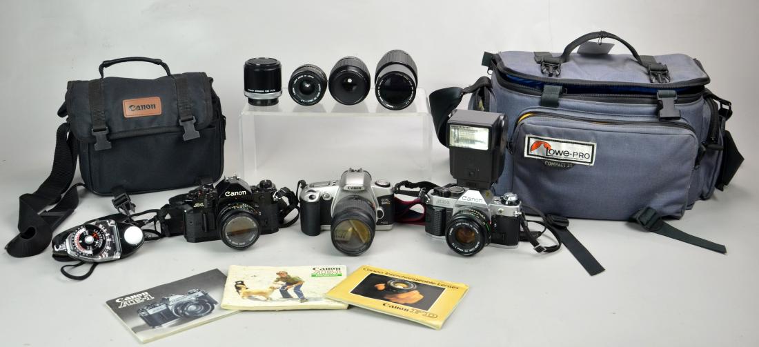 Canon 35mm camera and lens lot: Canon A1 with FD 50mm 1:1.8 lens, untested as requires battery though in excellent cosmetic condition. Canon EOS Rebel G with Canon EF 28-80mm 1:3.5-5.6 lens, untested in excellent cosmetic condition.