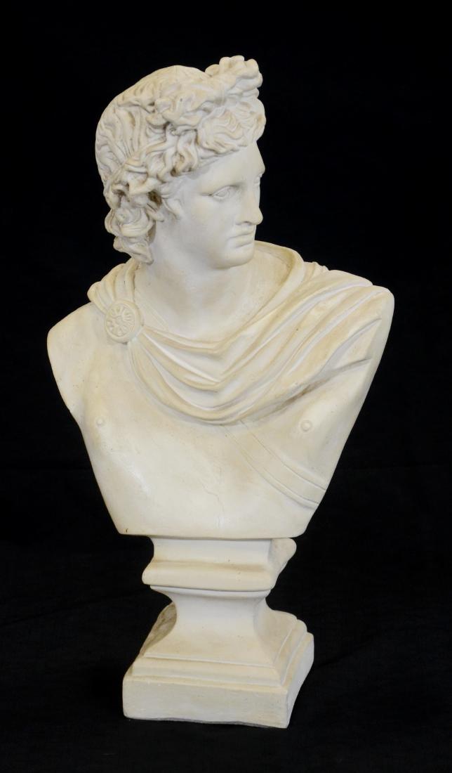 Plaster Greek Bust of Apollo: Plaster Greek Bust of Apollo (13" l x 8-1/2" l x 23-1/2" h), (Chips and Paint Loss on Back)