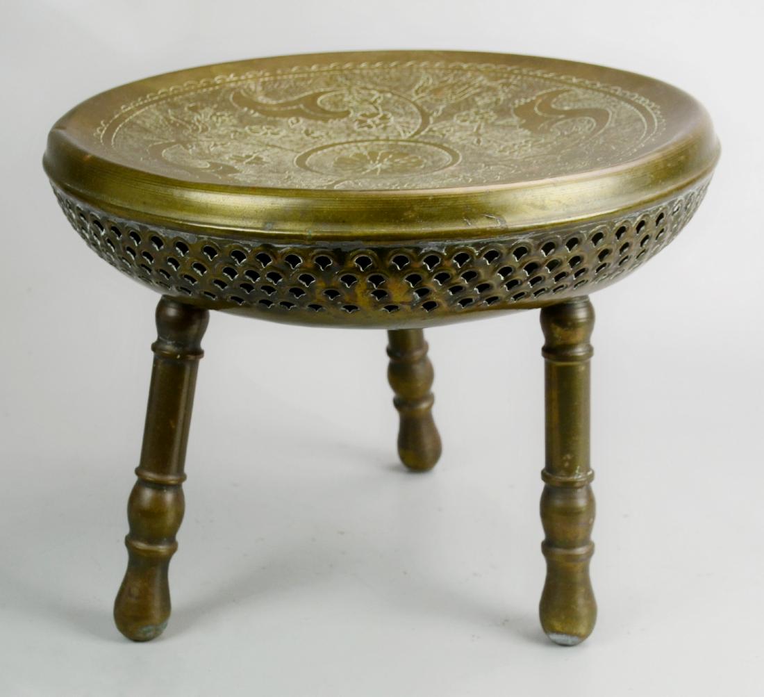 Middle Eastern brass drum topped stool: Middle Eastern brass drum topped stool, engraved, marked on underside "Suleyma Ankara Dondurma", 11" h x 14-1/4" dia