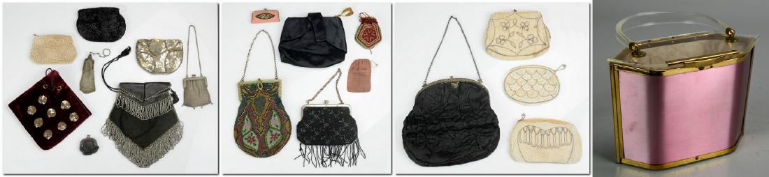 (18) Vintage Mesh, Lucite, Beaded, Leather and Satin: 1930's Best & Co. Fifth Avenue suede, leather and metal fringe handbag, 1930's Best & Co. Fifth Avenue maroon velvet and sequin collapsible handbag, (2) 1910's mesh handbags (1) marked Whiting and Dav