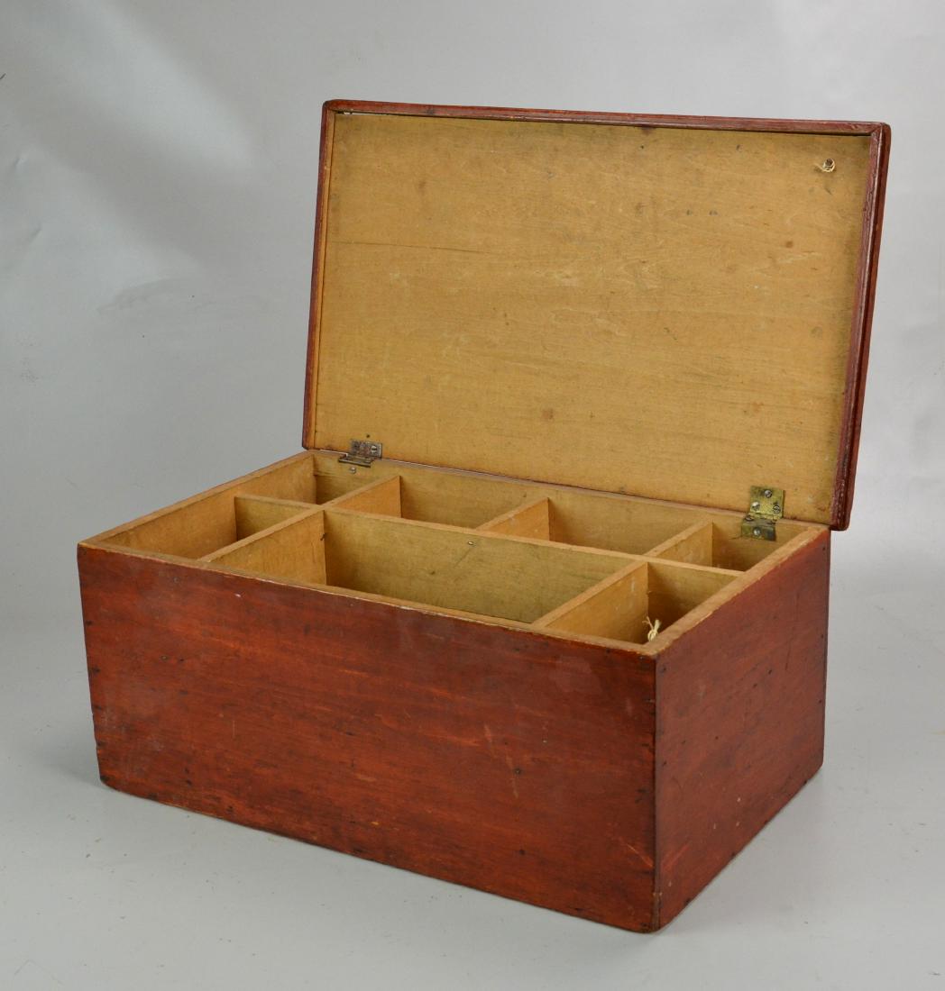 Red painted poplar box, divided interior: Red painted poplar box, divided interior, 18" w x 11" d x 8" h