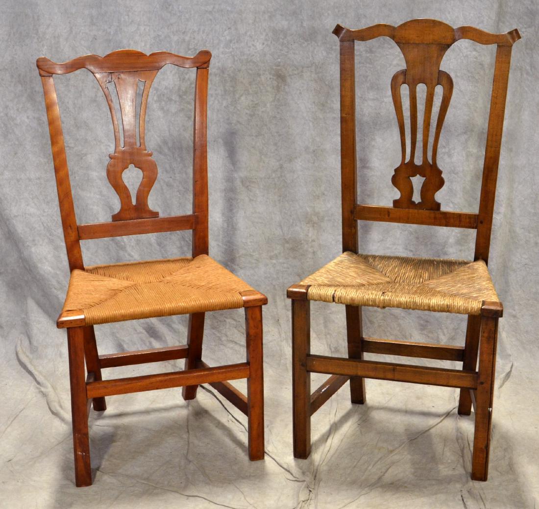 (2) Country Chippendale transitional side chairs: (2) Country Chippendale transitional side chairs, rush seats, one cherry, one birch, New England, Late 18th c, tallest 41-1/2"h