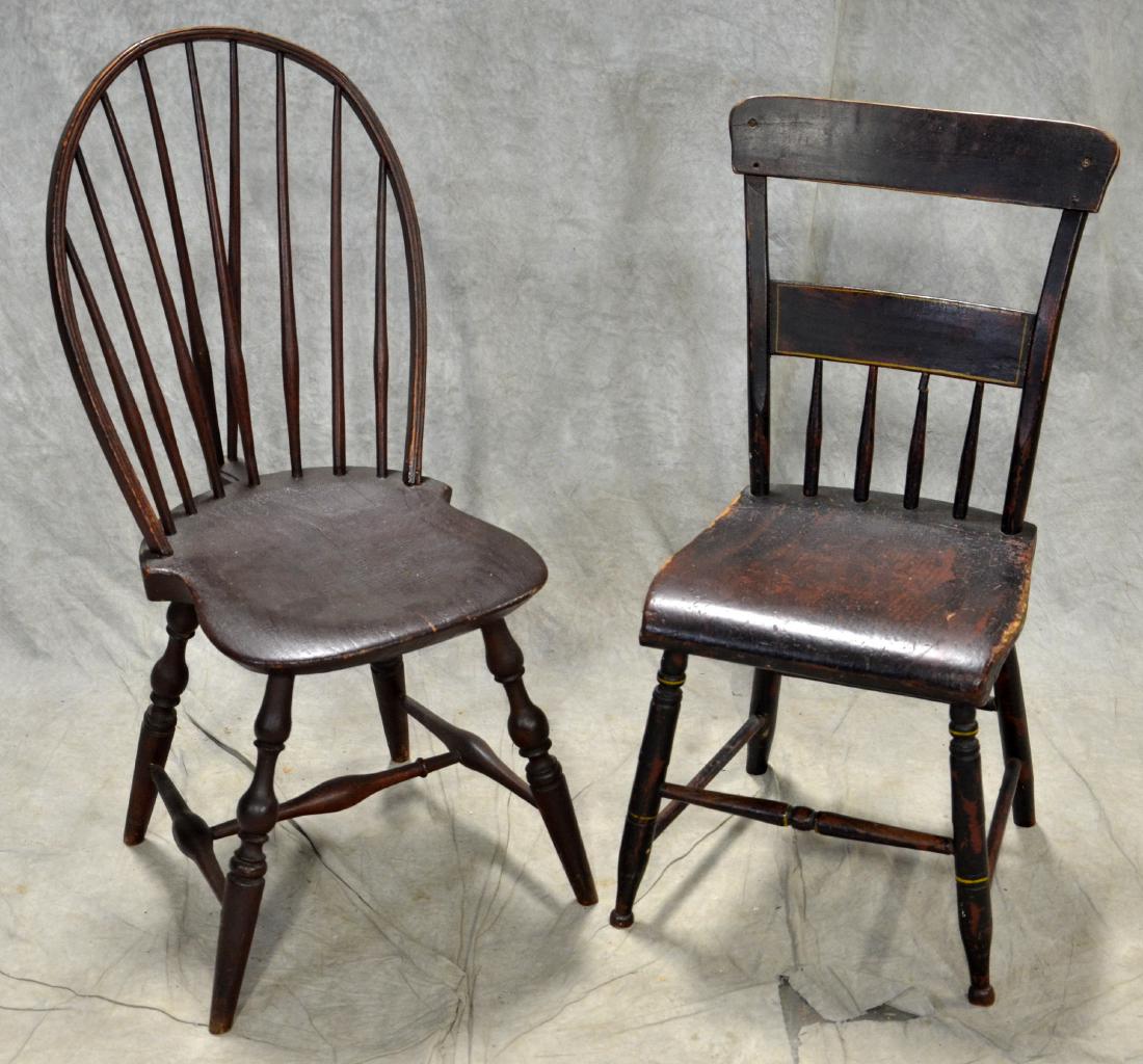 9 spindle braced bowback Windsor side chair: 9 spindle braced bowback Windsor side chair, old finish, nicely saddled seat, 38"h, late 18th c, along with a half spindle plank seat chair, with some original decoration,