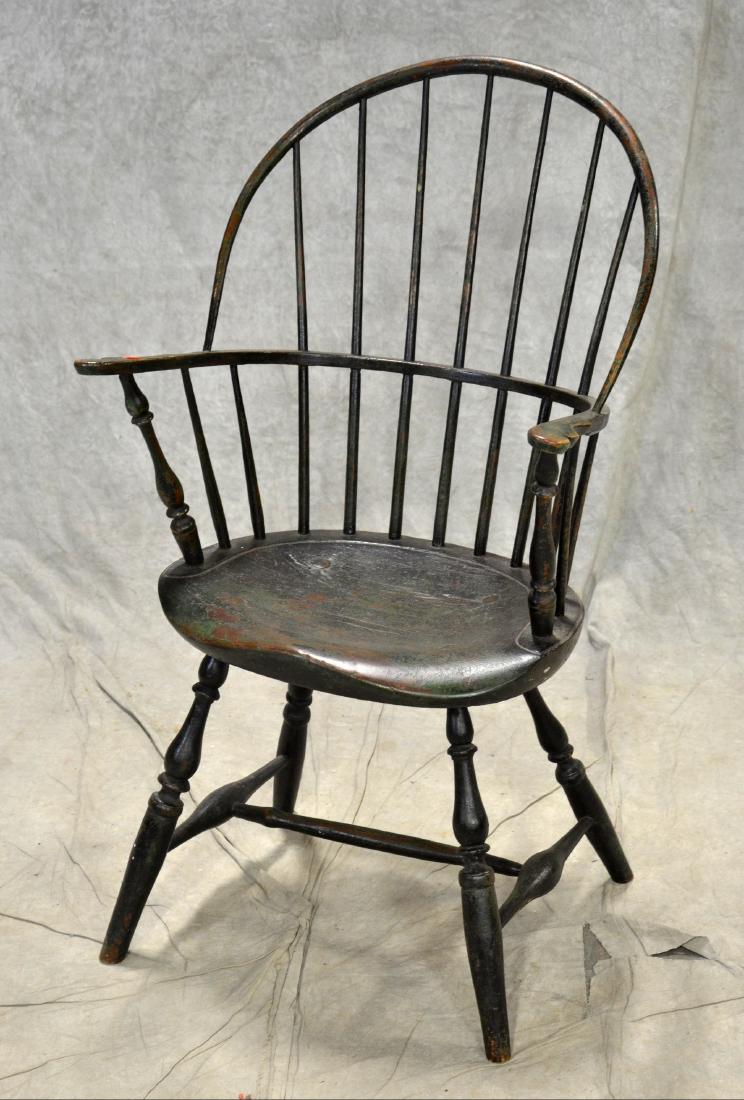 Sack back Windsor armchair: Sack back Windsor armchair, old blue/green paint with some wear, 38-1/2"h,