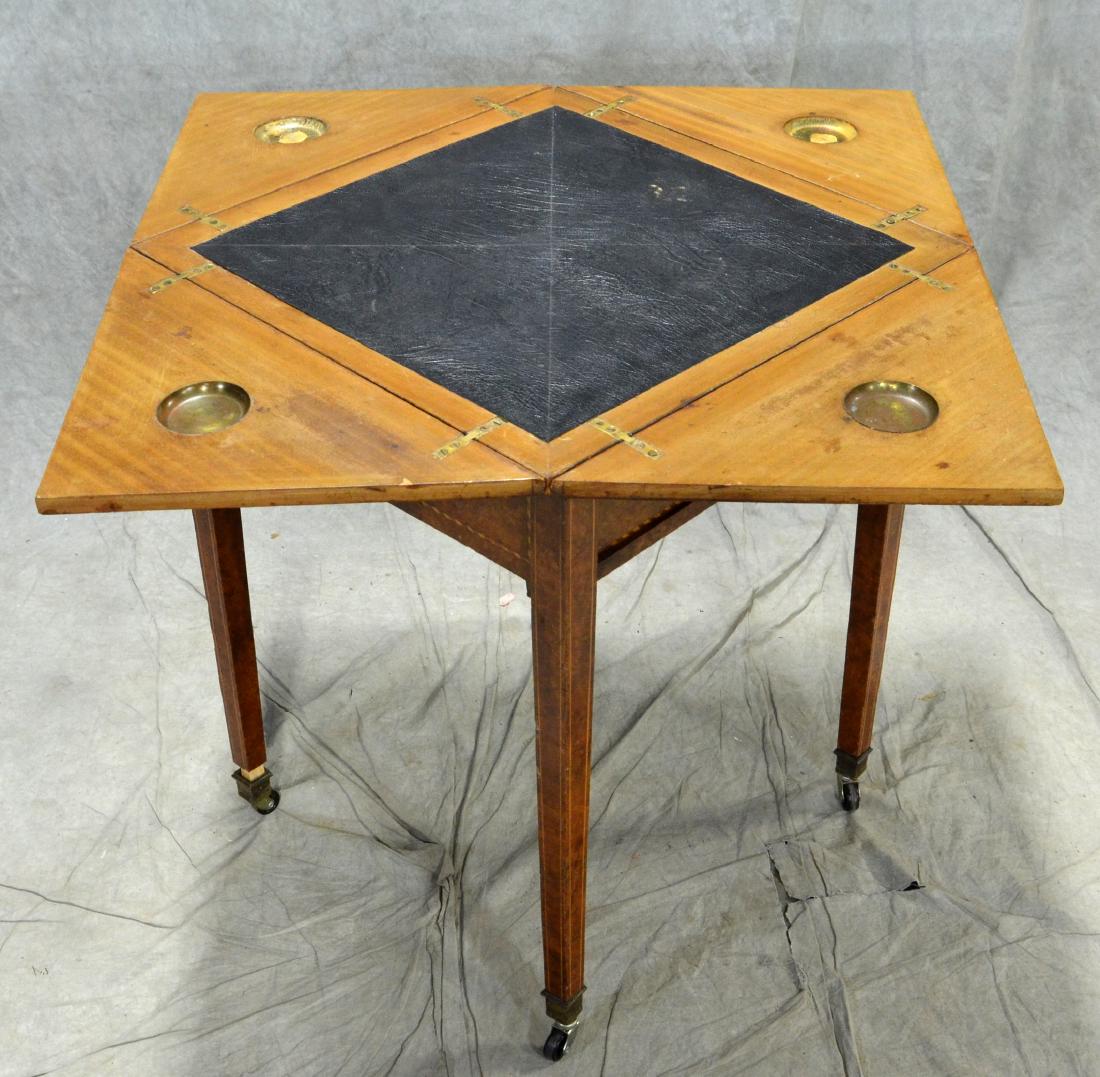 Inlaid mahogany Hepplewhite style folding handkerchief: Inlaid mahogany Hepplewhite style folding handkerchief table, with drawer, interior of top with leather inset surface, with scooped money pockets, 31"sq open, 27-1/2"