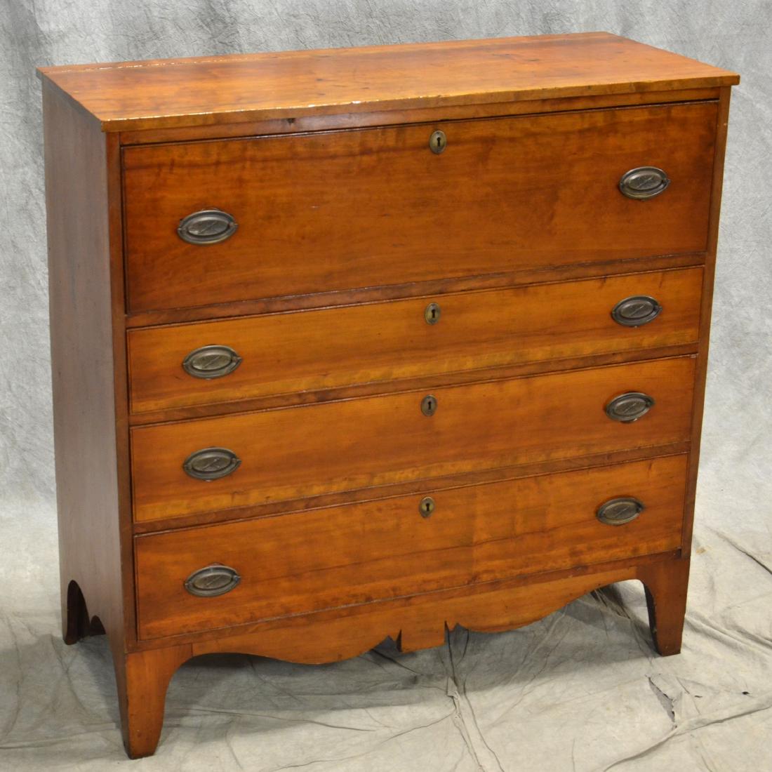 Reverse graduated Cherry 4 drawer Hepplewhite bureau: Reverse graduated Cherry 4 drawer Hepplewhite bureau, beaded drawers with replaced oval brasses, raised on cut out bracket foot, circa 1810-1820, 42"w x 43"w