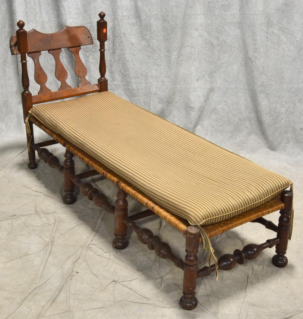 Bench-made William & Mary style stretcher base daybed: Bench-made William & Mary style stretcher base daybed, rush seat, striped upholstered cushion, adjustable back, turned stretcher, 67"w