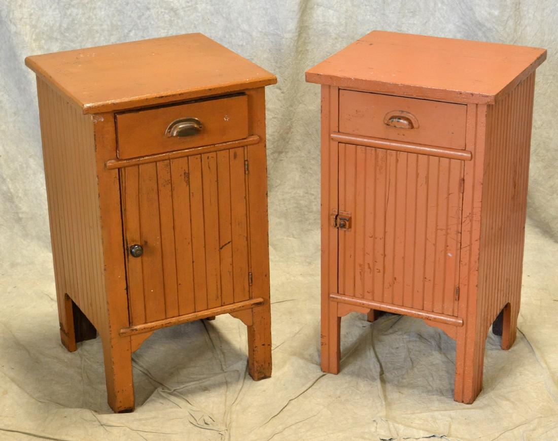 (2) brown painted one drawer side tables: (2) brown painted one drawer side tables, beaded board sides and door, one drawer over one door, interior shelving, 30"h x 17"w x 16"d