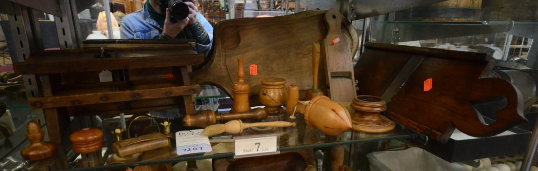 Shelf #7 - Antique Wood Kitchenware: Shelf #7 - Wood Serving Board, Wood Grater, Treenware