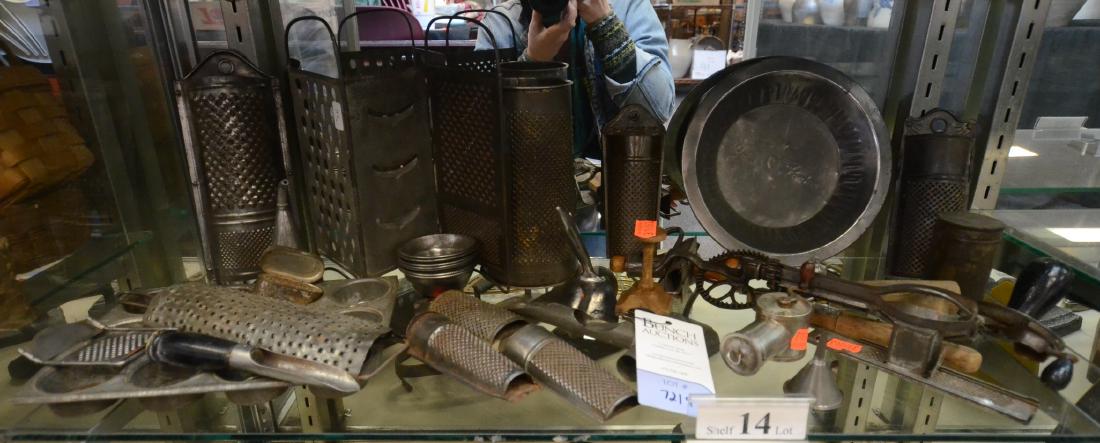 Shelf #14 - Primitive Kitchen Tools: Shelf #14 - (5) Ice Cream Scoops Including Icy Pi Automatic Cone Co, Fisher, Standard Germany, graters, pie plate, mixer, funnel, grinder