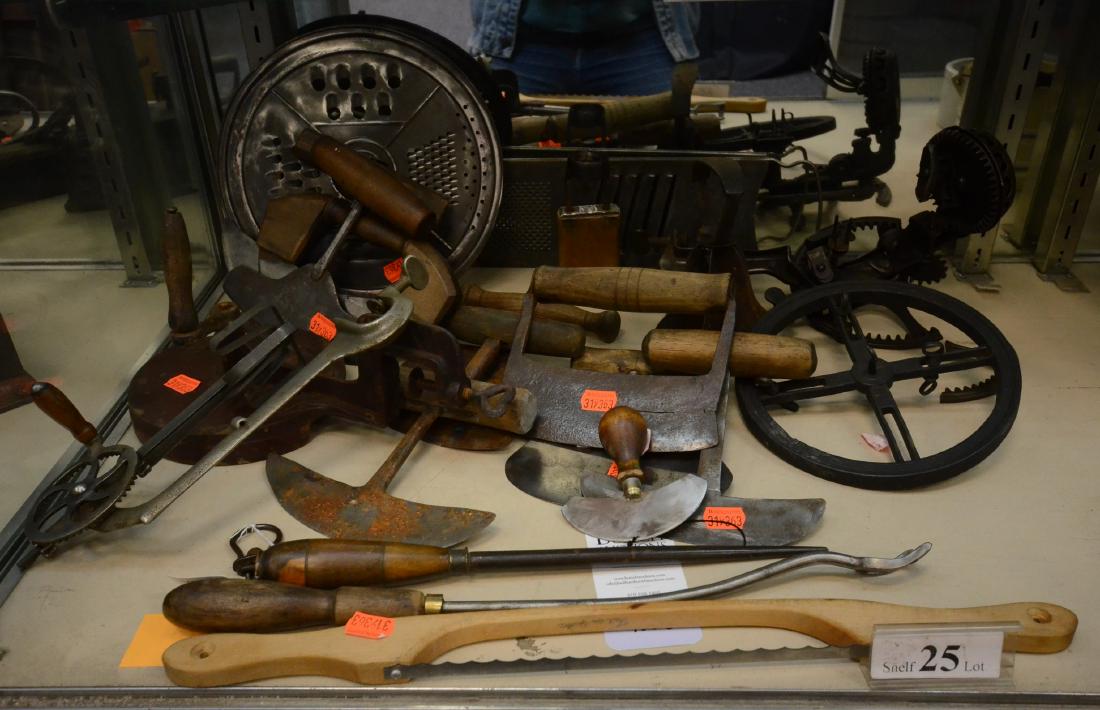 Shelf #25 - Antique Kitchen Tools and Utensils: Shelf #25 - Antique Kitchen Tools and Utensils including (1) Reading Apple Peeler (With Broken Piece), Thayer Food Chopper, Kitchen Utensils