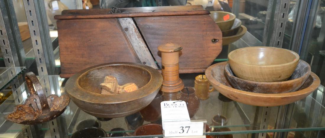 Shelf #37 - (7) Kitchen Items and Match Holder: Shelf #37 - (7) Pcs including (3) Small Wood Mixing Bowls, Bowl for Crushing Herbs, Carved Coconut Shell Basket, Treen Hairpin Holder and Cabbage Slicer