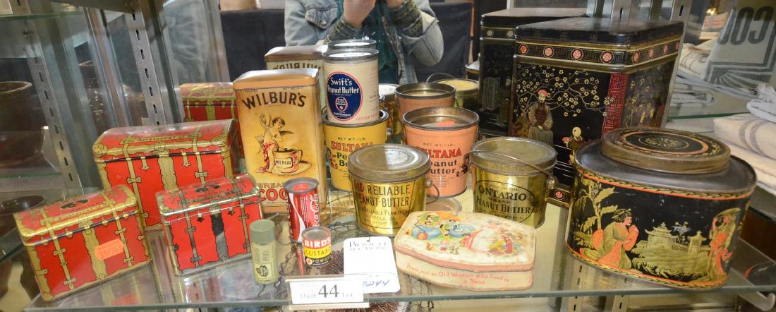 Shelf #44 - (15) Advertising Tins: Shelf #44 - (15) Advertising tins, including Swee-Touch-Nee Tea, Dolly's Special Teas, Bird's Custard Powder, William Crawford & Sons Parrot Biscuit Tin, Coca-Cola, Doan's Pills, Sultana Peanut Butter