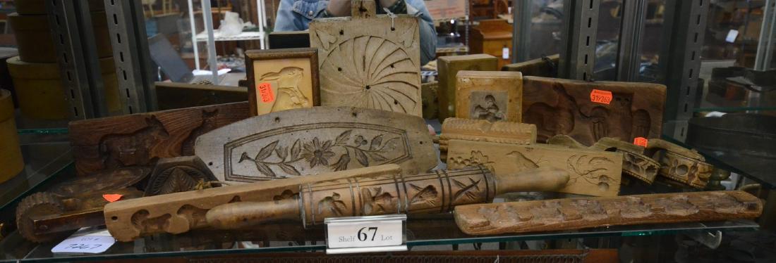 Shelf #67 - (14) Cookie Molds & Rolling Pins: Shelf #67 - (14) Cookie, marzipan, Springerle molds, (2)rolling pins