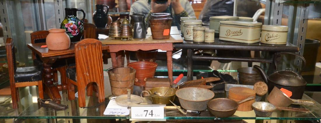 Shelf #74 - Doll Furniture & Accessories: Shelf #74 - Doll furniture & accessories, including tables & chairs, pans, sterling trowel, carved dining table with set of marked miniature tin kitchen accessories