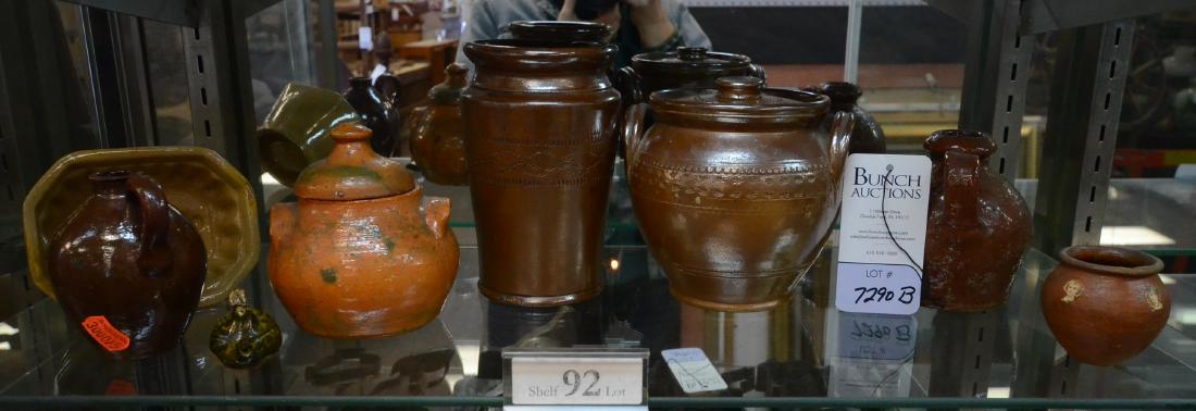 Shelf #92 - (8) Pcs, Redware, Yellowware, Stoneware: Shelf #92 - (6) Pcs c/o (1) yellowware grape mold, (4) pcs redware: 2 jugs, sugar bowl with lid, and miniature pot; bird whistle, stoneware jar and banded jar with handles and lid
