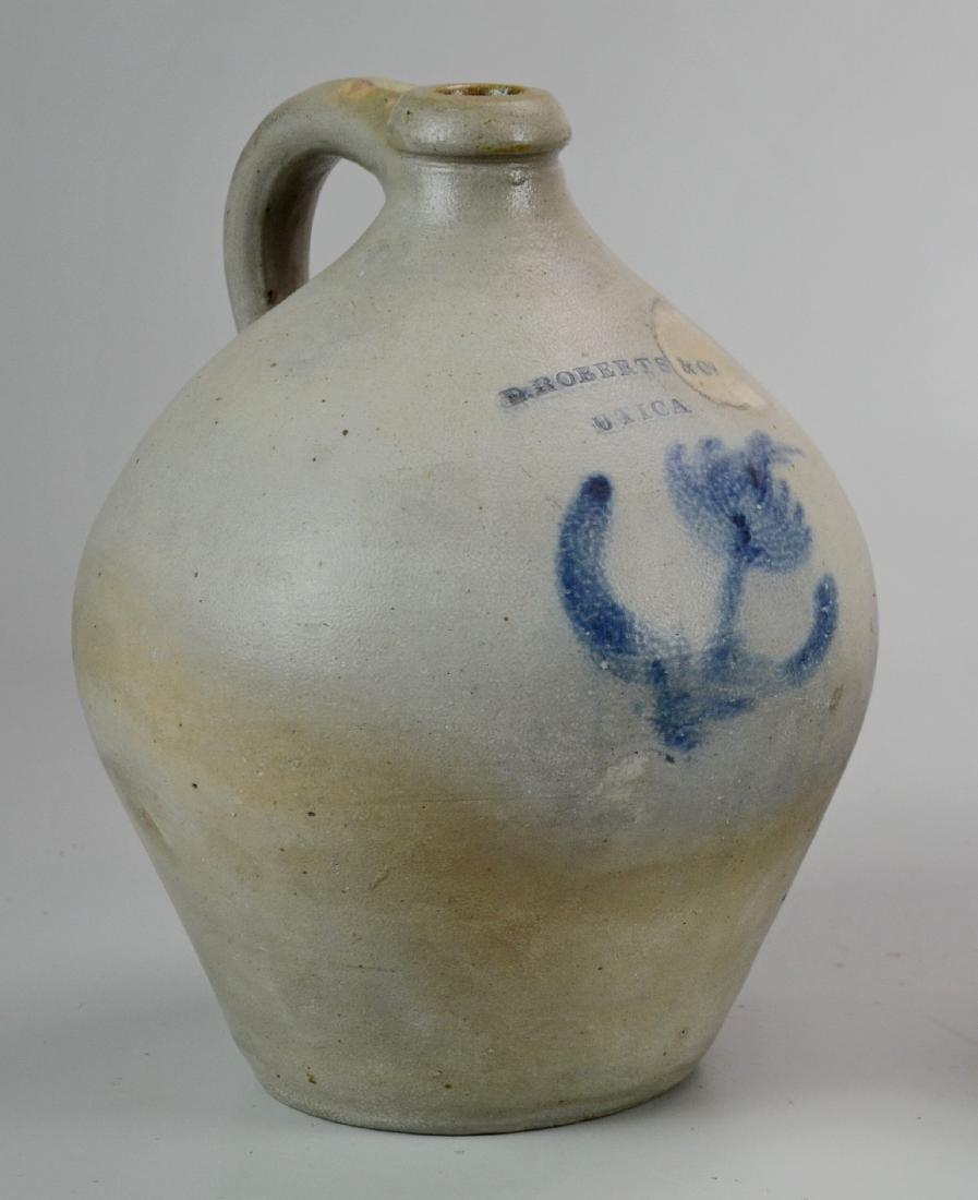 Small B Roberts Ovoid Jug: Small B Roberts ovoid jug, Utica, NY, 1827-1836, cobalt floral design (11" h x 9" w), kiln pop on reverse side, no chips or cracks