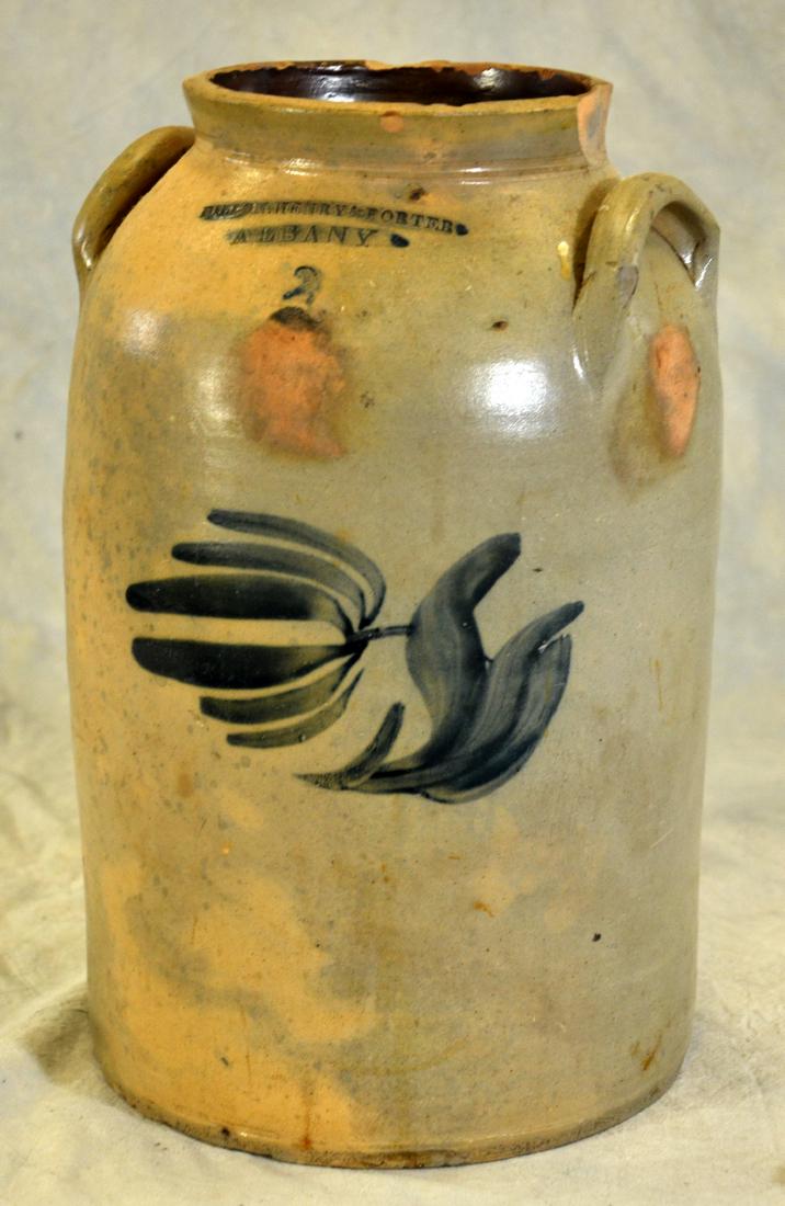 (1) 2 Gallon Stoneware Crock: (1) 2 Gallon Dillon, Henry and Porter Albany, NY Blue Decorated Stoneware Crock, 14" h x 8-1/4 dia, some chips to rim and handle
