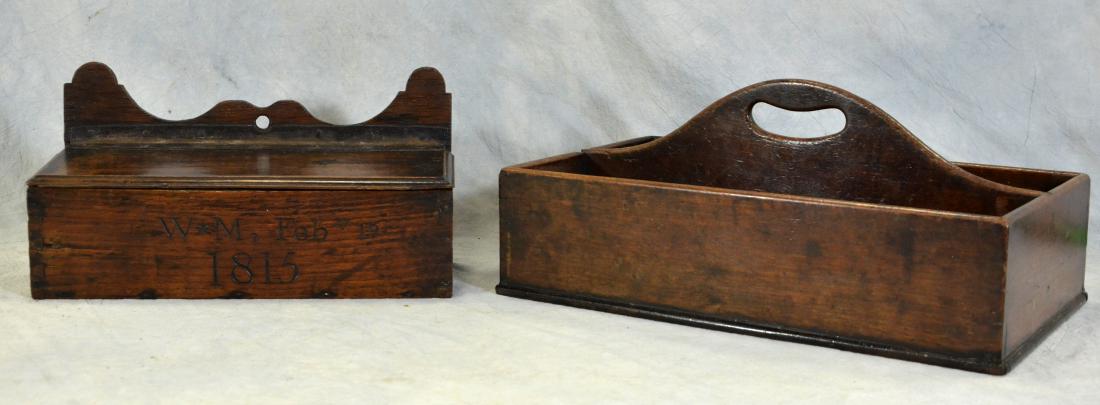 (1) Wood Hanging Recipe (1) Wood Utensil Caddy Box: (1) Wood Hanging Recipe Box Dated 1815, (1) Wood Utensil Caddy Box (16" l x 9-3/4" w x 7" h)