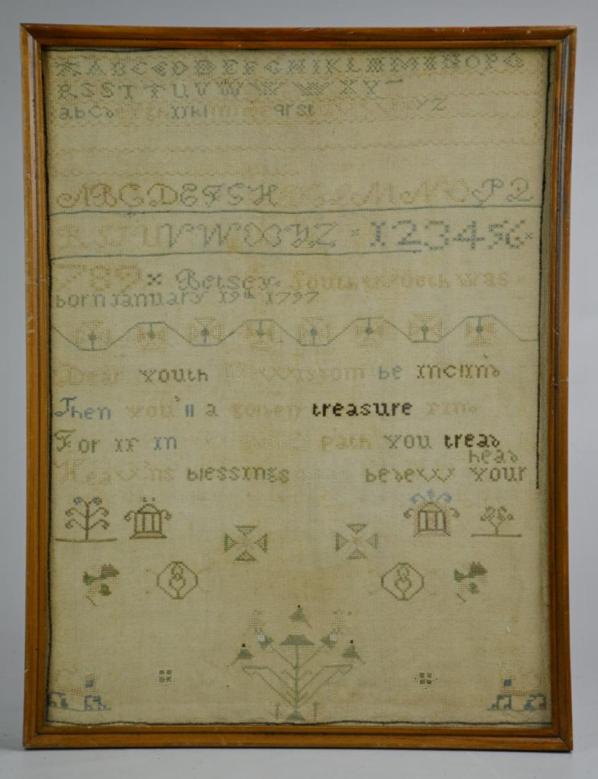 Early 19th C Sampler: Early 19th C cross stitch sampler, alphabets & numbers in block & script, "Betsey Southworth was born January 19th 1797", "Dear youth in wisdom be ??, Then you'll a golden treasure find, For if in wis
