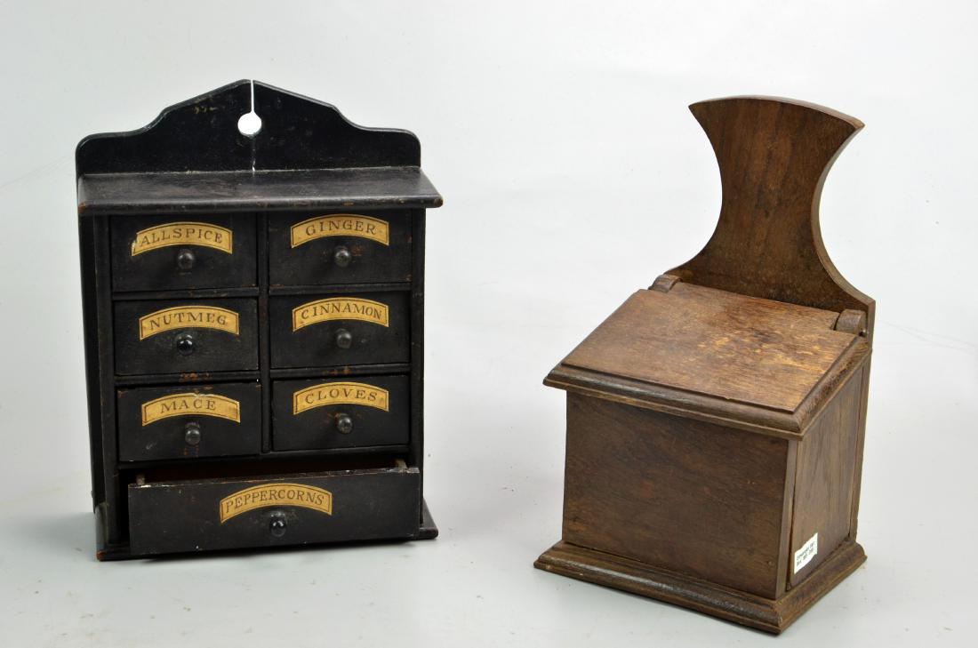 Spice Rack and Wood Salt Box: (1) Seven Drawer Spice Rack, (1) Edwardian Wood Salt Box